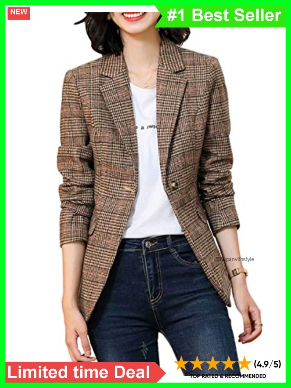 Wool Blend Plaid Blazer Notch Lapel Button Slim Fit Jacket